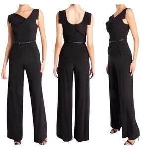NWT Black Halo Jackie BLACK Asymmetric Belted Jumpsuit Pockets Size 2 $415